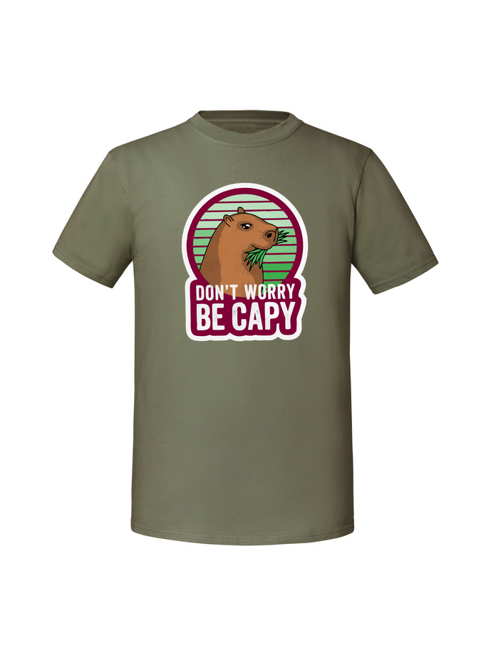 HU00140_olive.png Męska koszulka z nadrukiem – don_t worry be capy capybara kapibara - obrazek 1