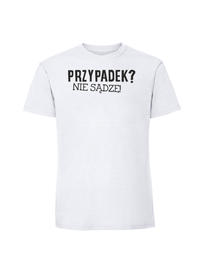 HU00214_biala.png Męska koszulka z nadrukiem – Przypadek nie sądzę - obrazek 1