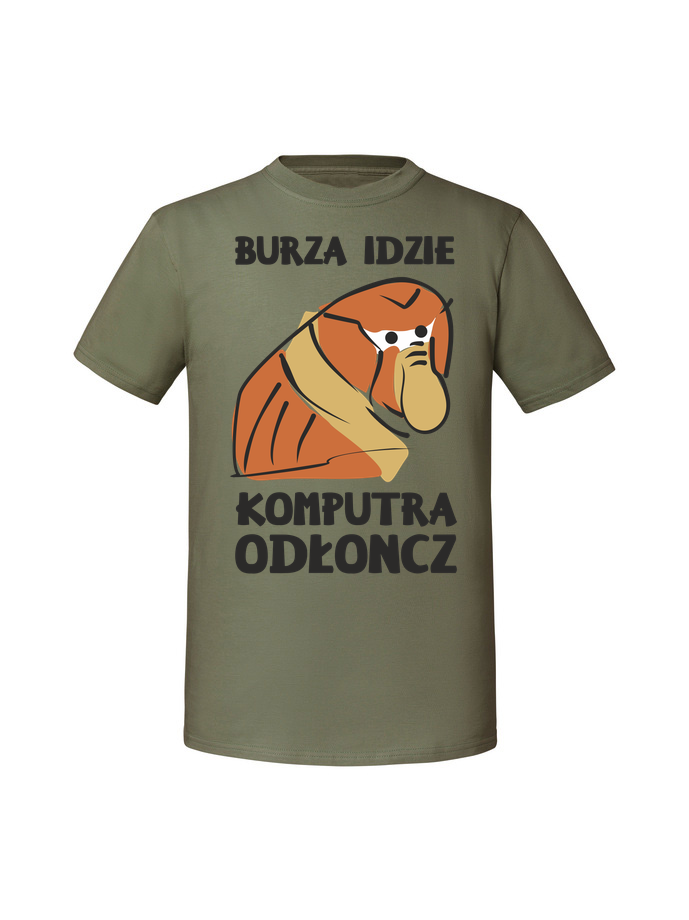 HU00249_olive.png Męska koszulka z nadrukiem – BURZA IDZIE KOMPUTRA ODŁONCZ - obrazek 1