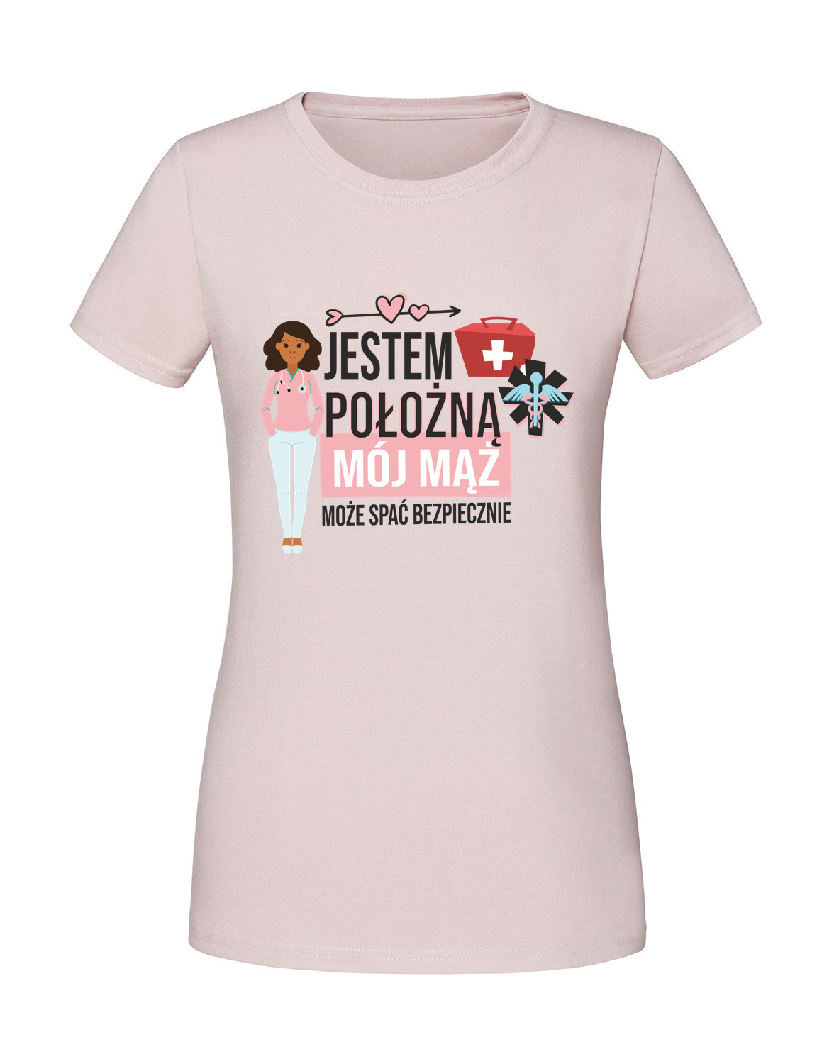MD00002_pudrowy_roz.png Damska koszulka z nadrukiem – jestem położną mój mąż może spać spokojnie v2 - obrazek 1