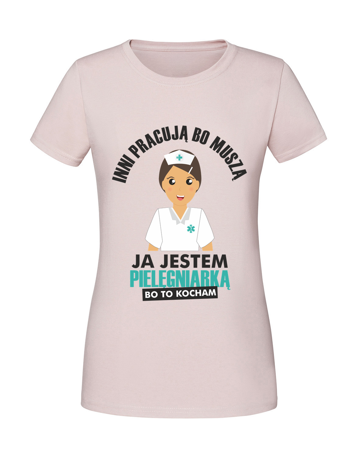 MD00010_pudrowy_roz.png Damska koszulka z nadrukiem – JESTEM PIELĘGNIARKĄ BO TO KOCHAM v1 - obrazek 1