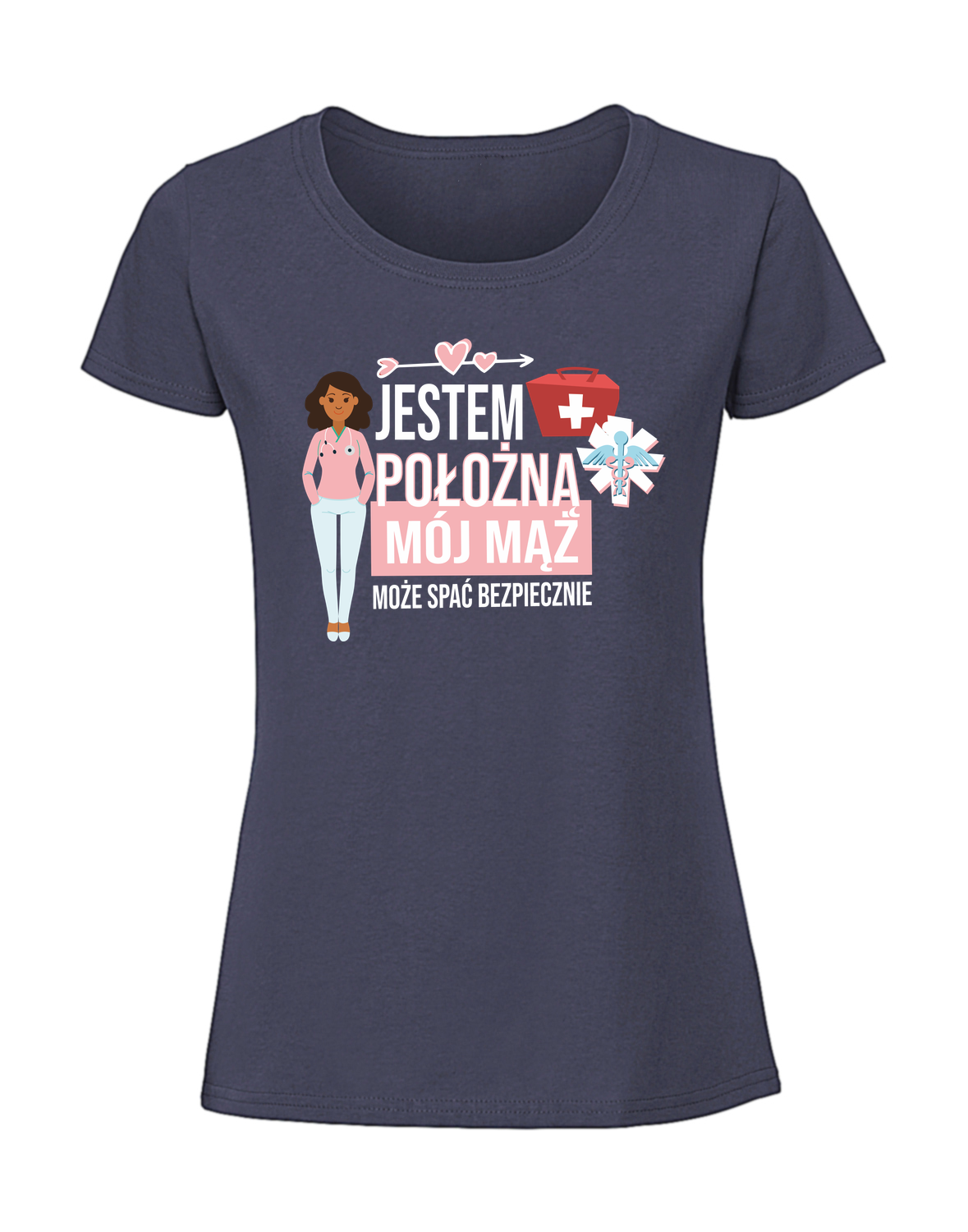 MD00011_granatowa.png Damska koszulka z nadrukiem – jestem położną mój mąż może spać spokojnie v1 - obrazek 1