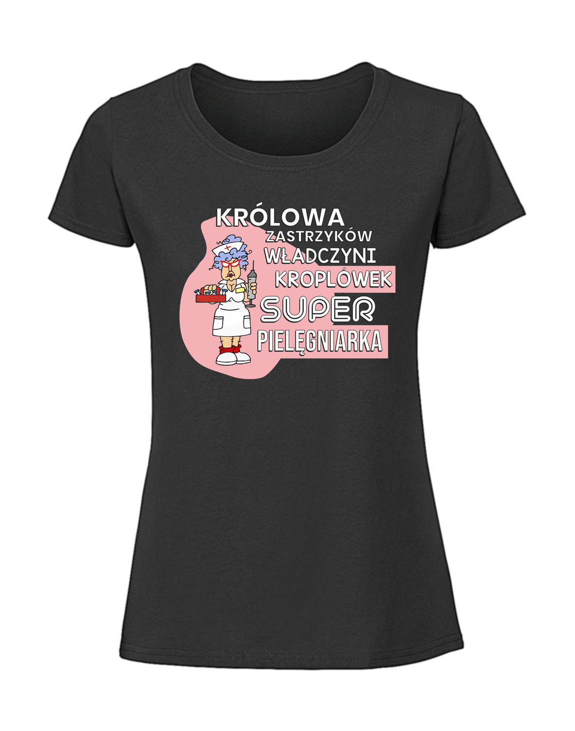 MD00030_czarna.png Damska koszulka z nadrukiem – królowa zastrzyków władczyni kroplówek pielęgniarka - obrazek 1