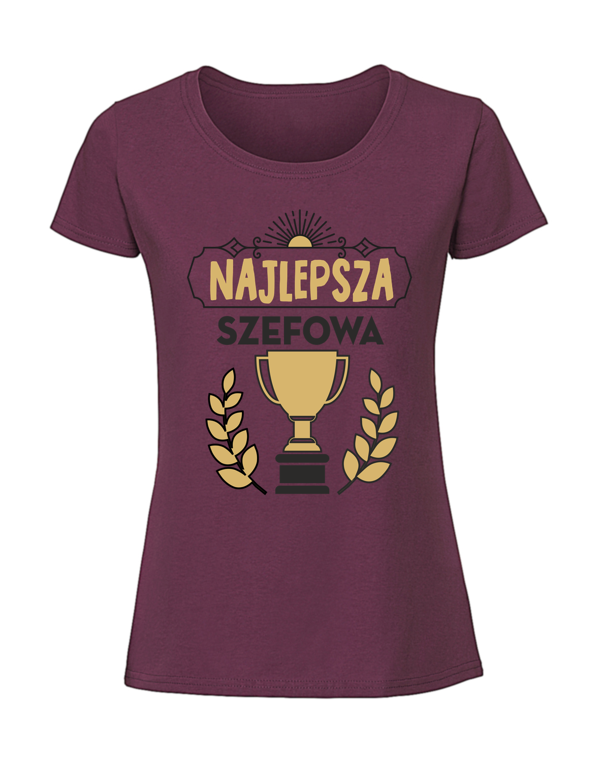 PC00002_burgundowa.png Damska koszulka z nadrukiem – NAJLEPSZA SZEFOWA PUCHAR - obrazek 1