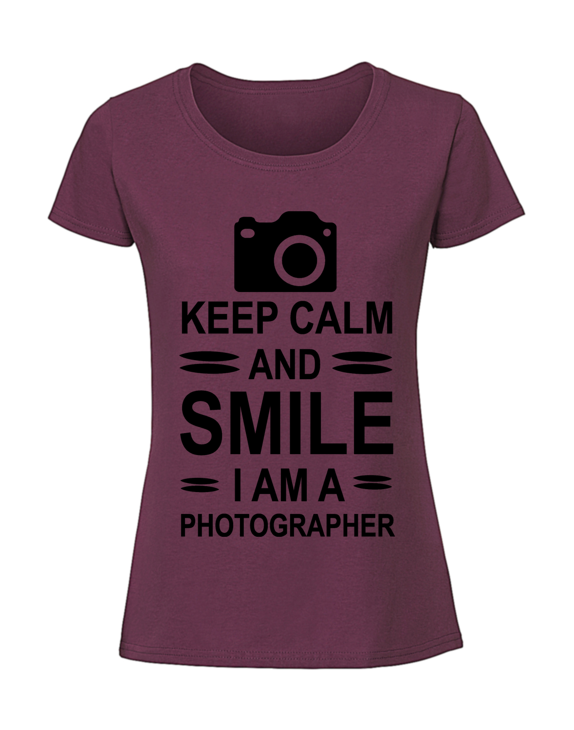 PC00008_burgundowa.png Damska koszulka z nadrukiem – Keep calm and smile photographer - obrazek 1