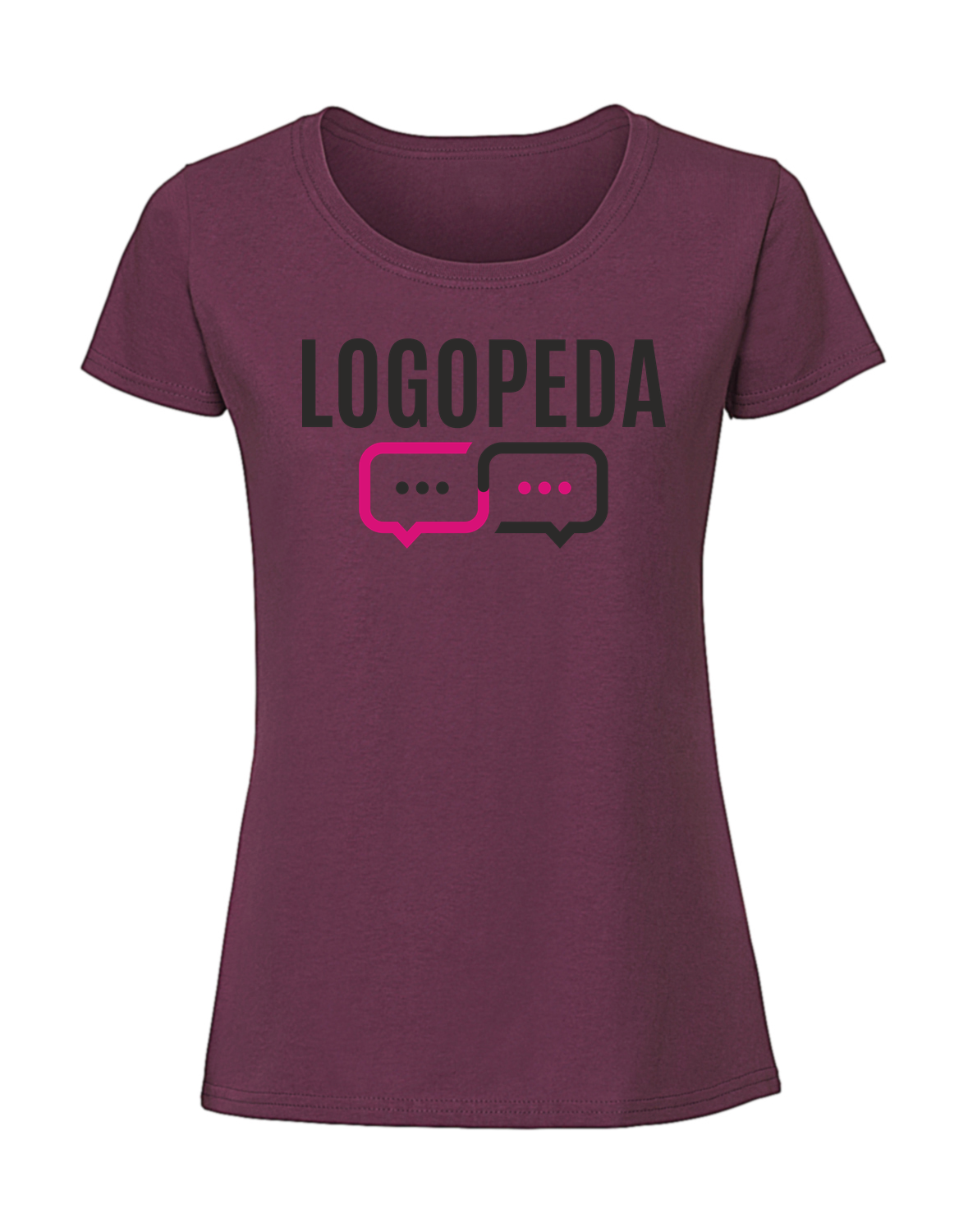 PC00019_burgundowa.png Damska koszulka z nadrukiem – logopeda - obrazek 1