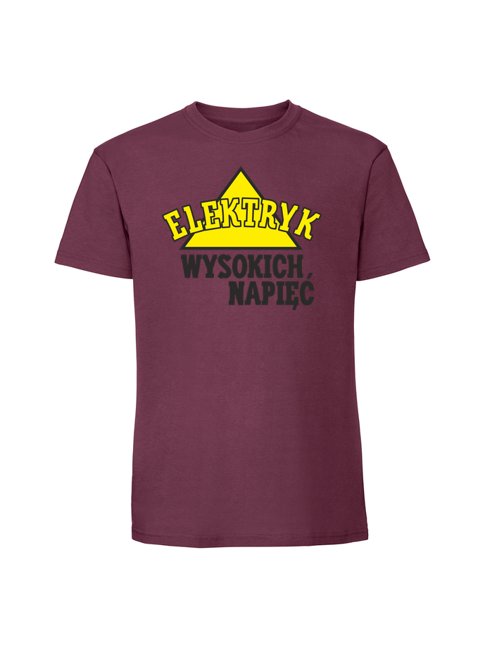 PR00009_burgundowa.png Męska koszulka z nadrukiem – ELEKTRYK WYSOKICH NAPIĘĆ - obrazek 1