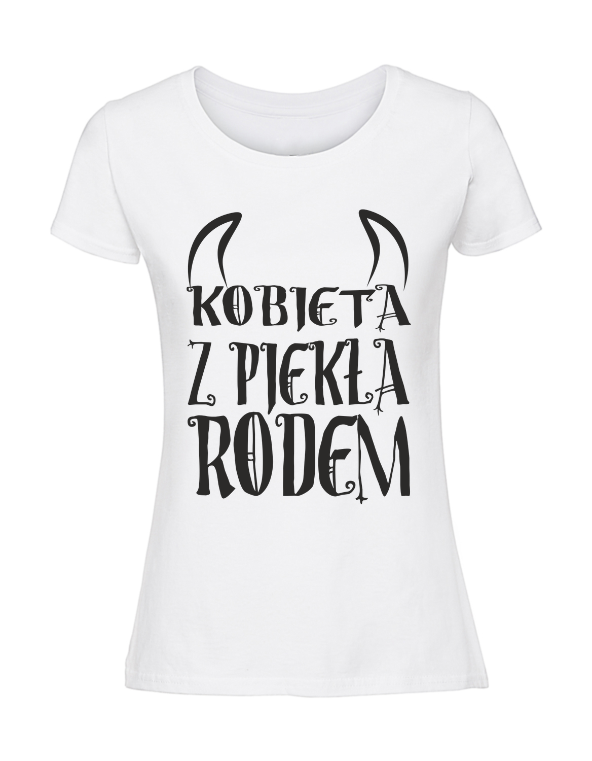 PZ00042_biala.png Damska koszulka z nadrukiem – Kobieta z piekła rodem - obrazek 1