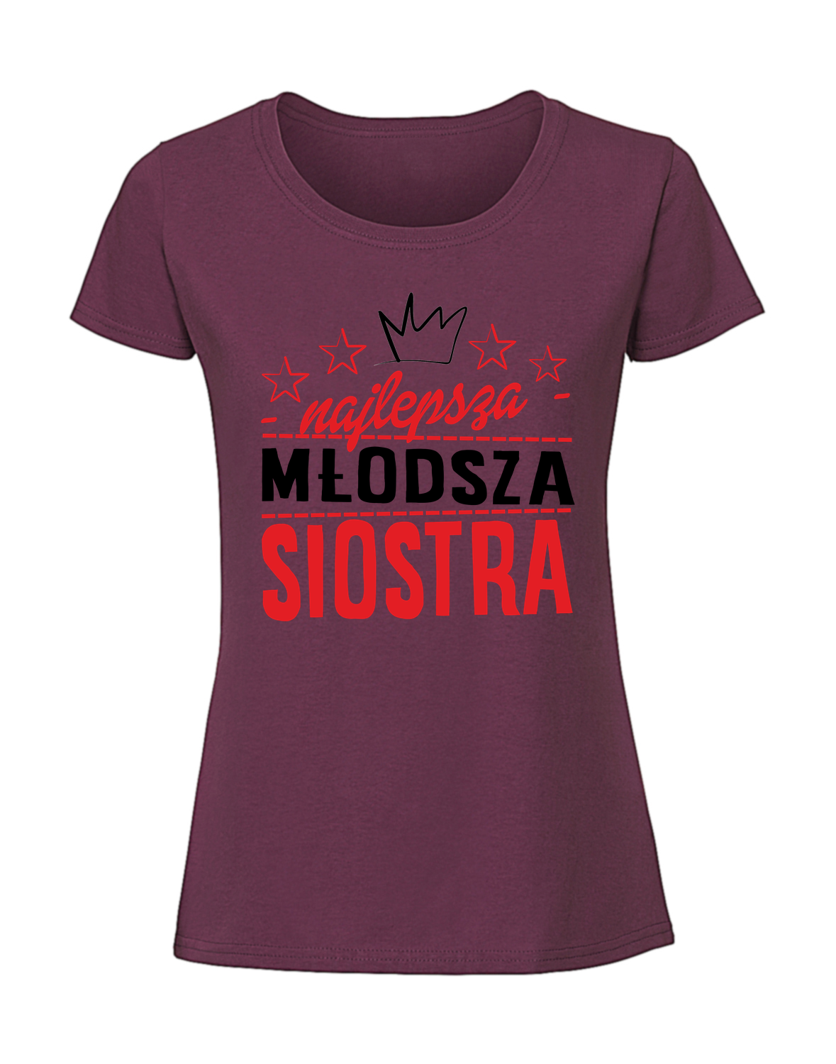 PZ00060_burgundowa.png Damska koszulka z nadrukiem – najlepsza młodsza siostra - obrazek 1