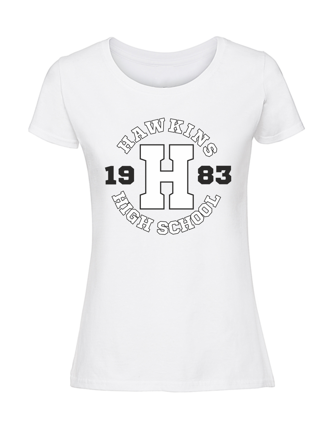 SS00007_biala.png Damska koszulka z nadrukiem – HAWKINS HIGH SCHOOL - obrazek 1