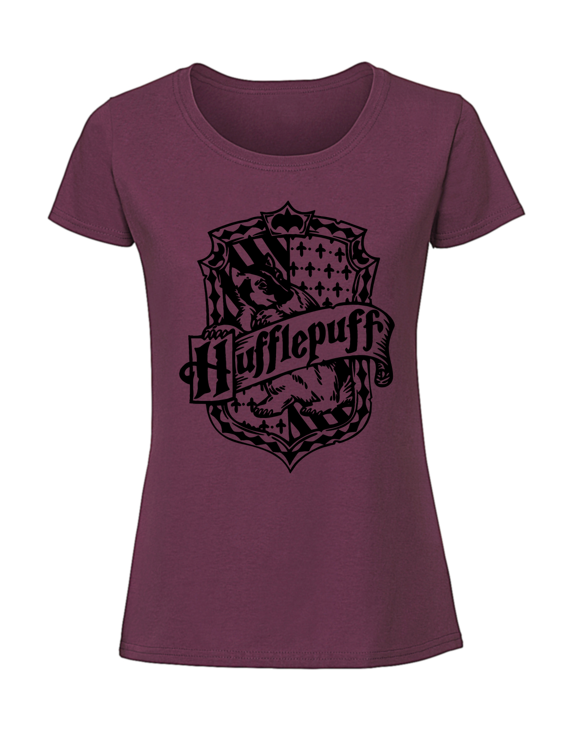 SS00022_burgundowa.png Damska koszulka z nadrukiem – HUFFLEPUFF HOGWART - obrazek 1