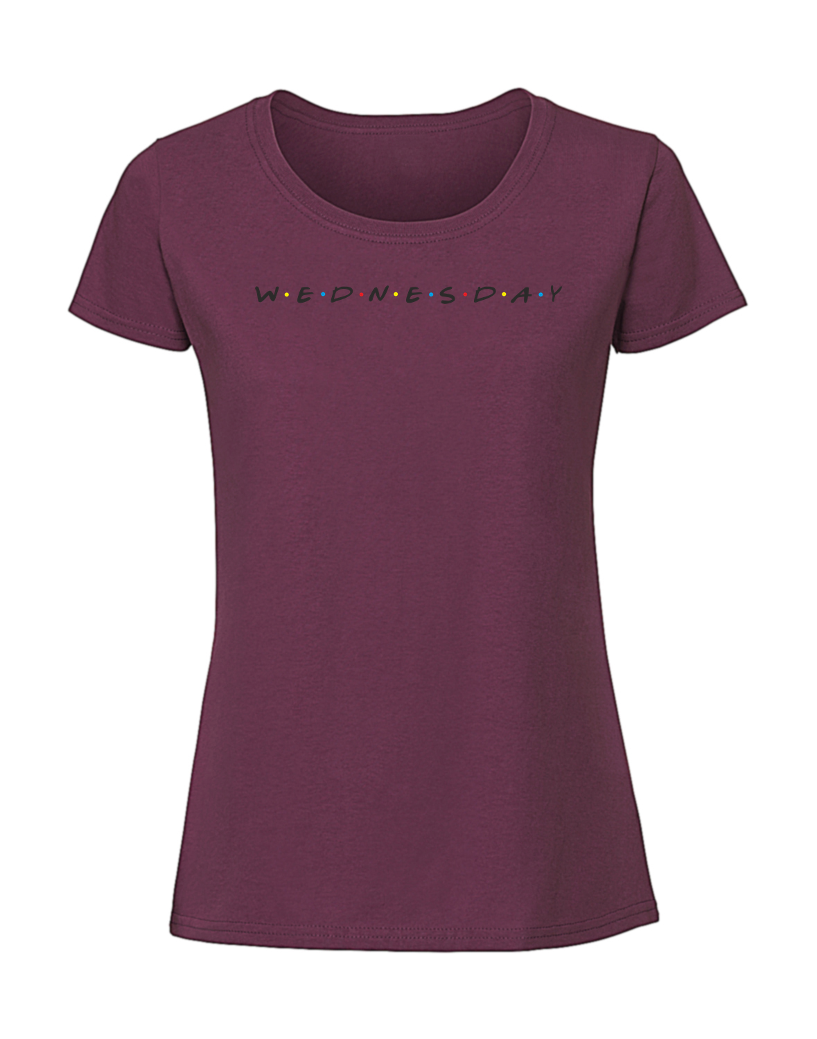 SS00058_burgundowa.png Damska koszulka z nadrukiem – WEDNESDAY FRIENDS - obrazek 1