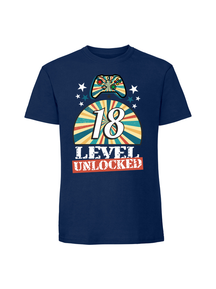 UR00010_granatowa.png Męska koszulka z nadrukiem –18 Level Unlocked v1 - obrazek 1