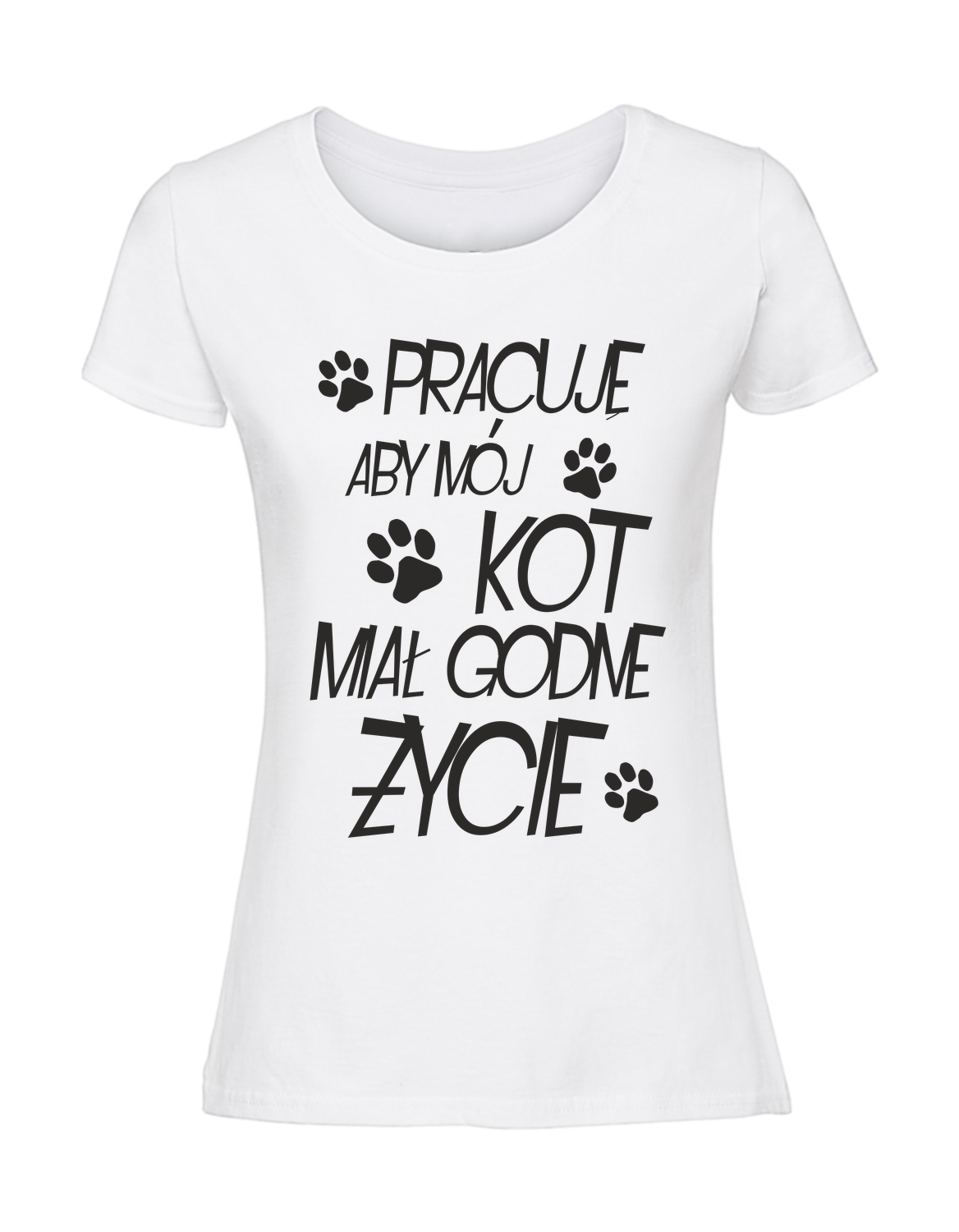 ZZ00045_biala.png Damska koszulka z nadrukiem – PRACUJE ABY MÓJ KOT MIAL GODNE ZYCIE - obrazek 1