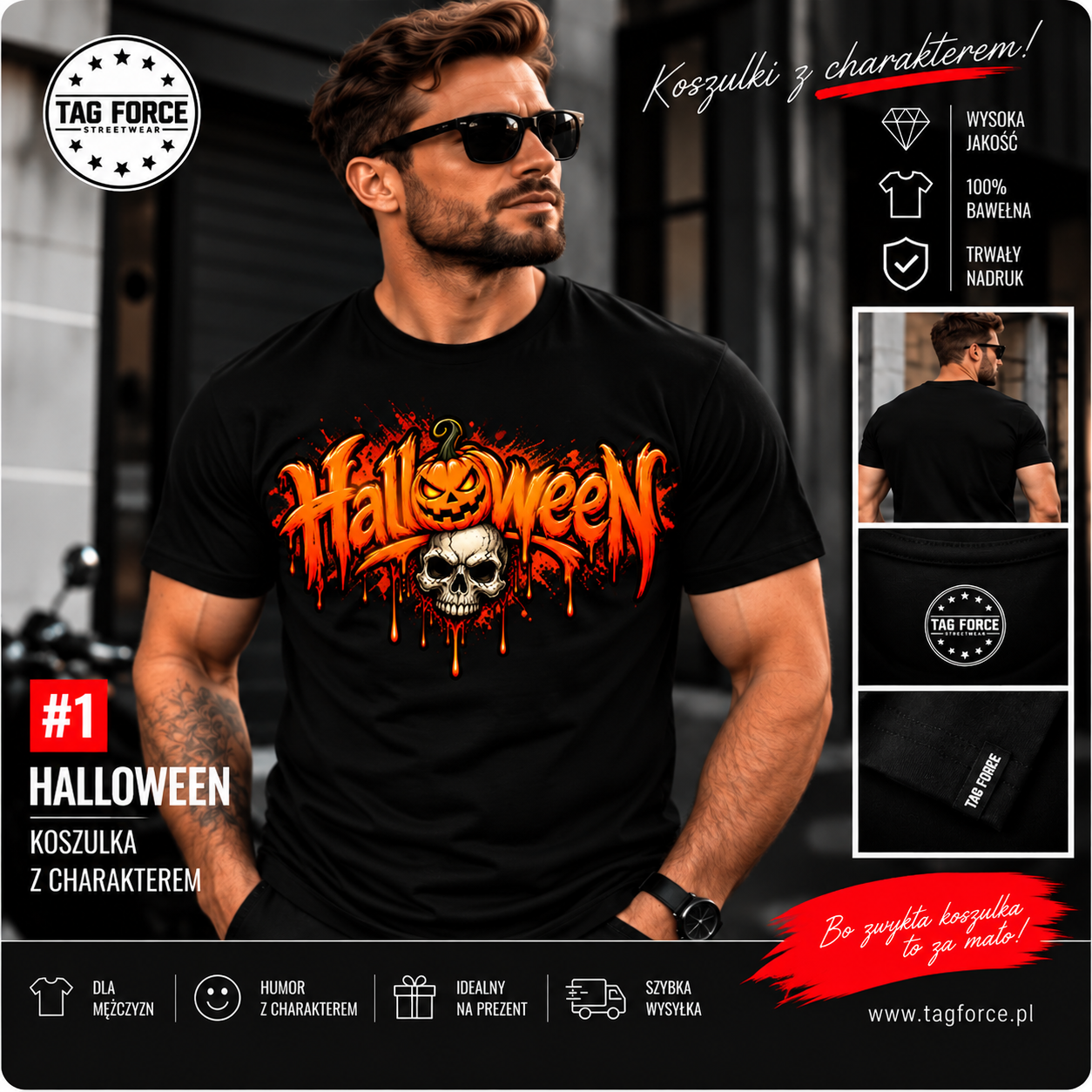 1_Oferta Upiorne Halloween z dynią i czaszką Męska koszulka z nadrukiem - Halloween Dynia i Czaszka - obrazek 1