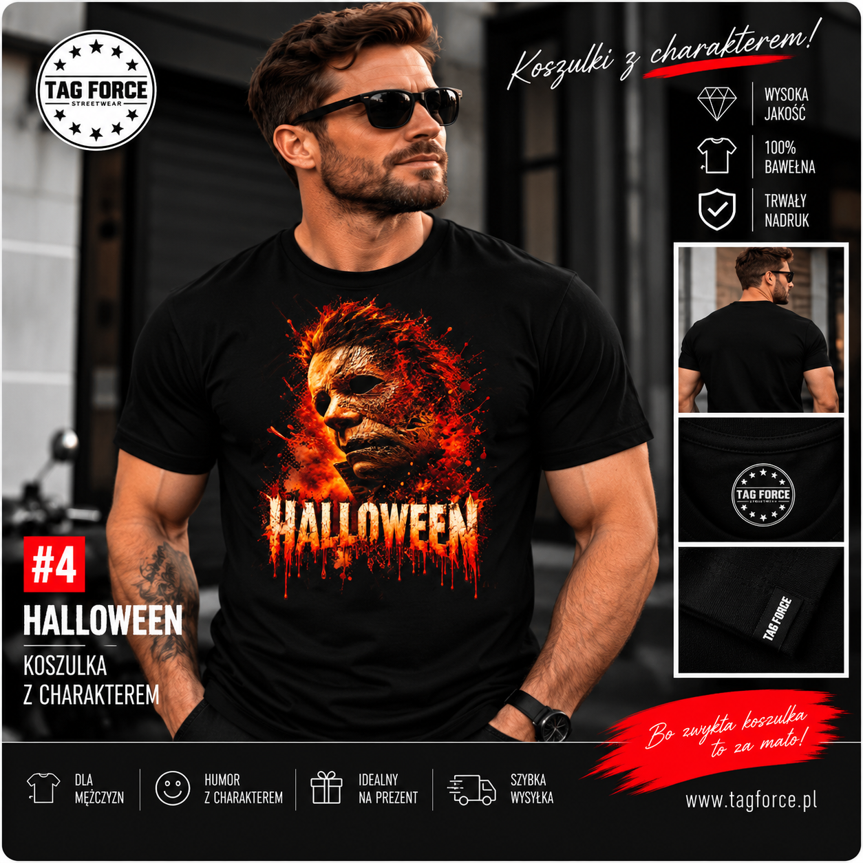 4_Oferta_Przerażająca maska Halloween w ogniu Męska koszulka z nadrukiem - Upiorny Halloween v2 - obrazek 1