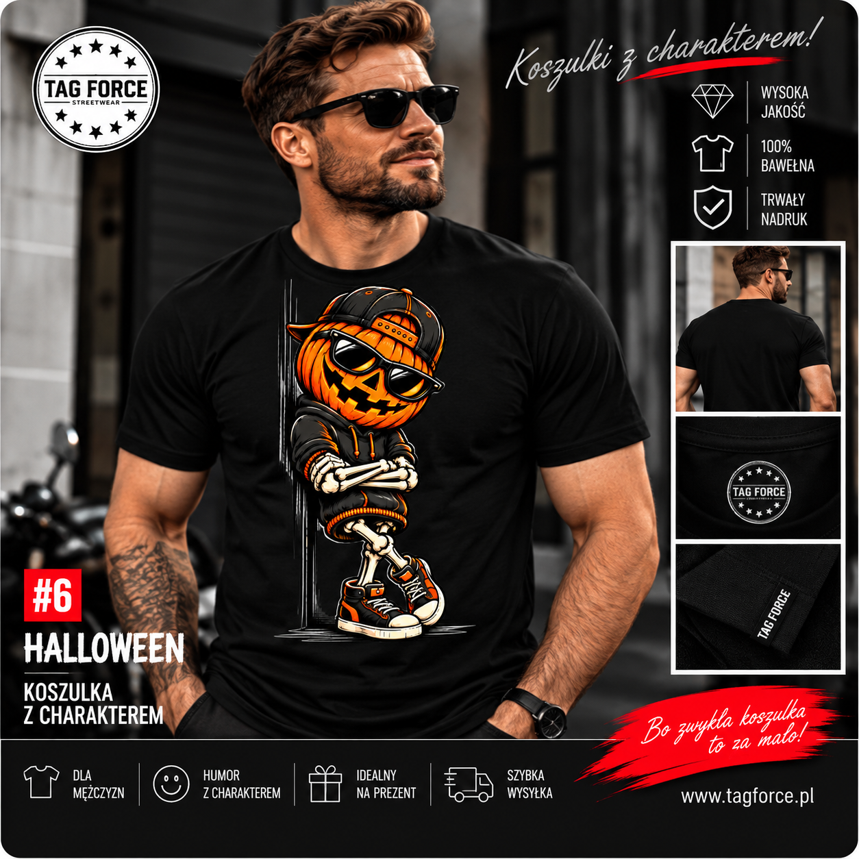 6_Oferta_Dyniowy szkielet w miejskim stylu Męska koszulka z nadrukiem - Dyniowy szkielet - obrazek 1