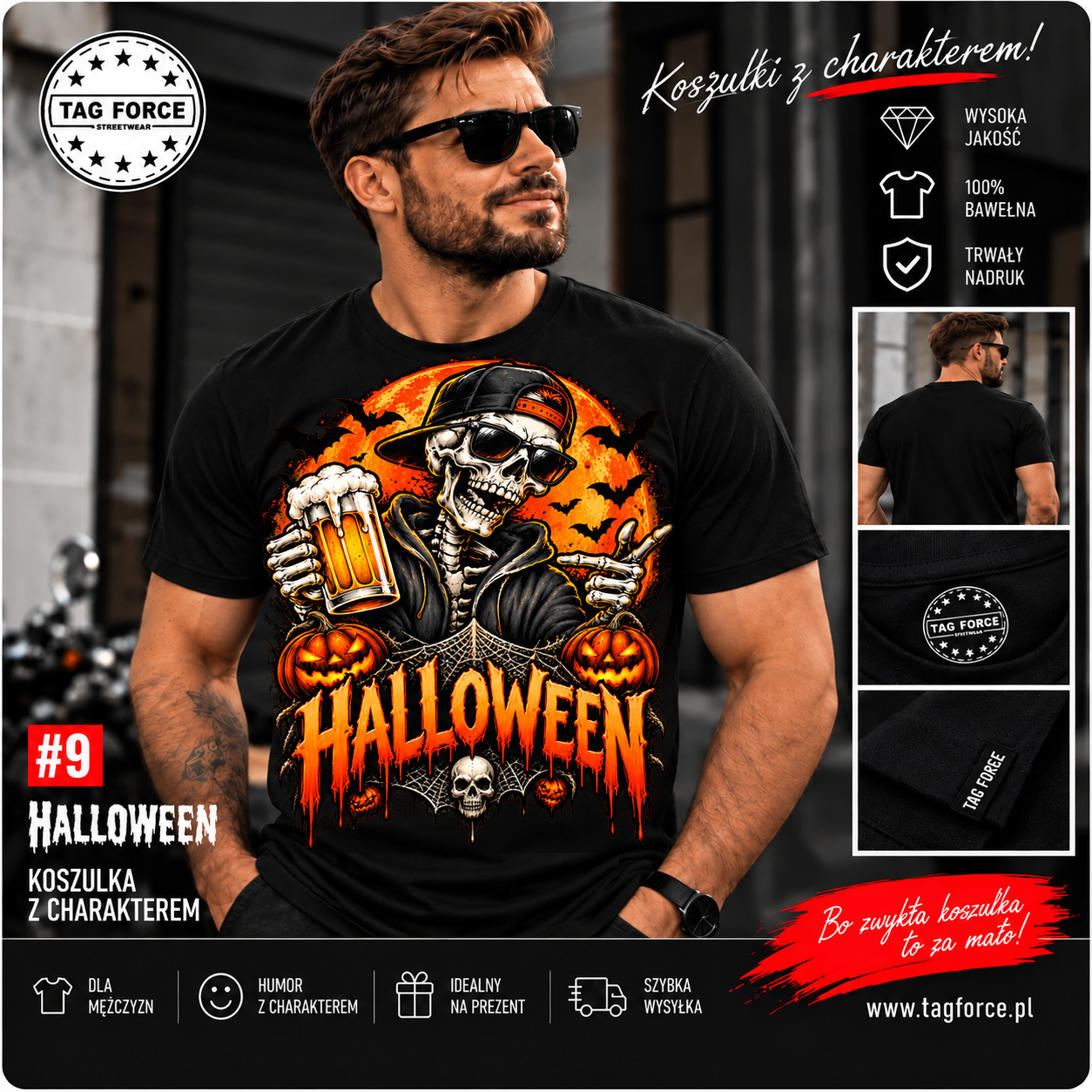 9_Oferta_Halloweenowy Szkielet z Piwem i Dyniami Męska koszulka z nadrukiem - Szkielet z piwem - obrazek 1