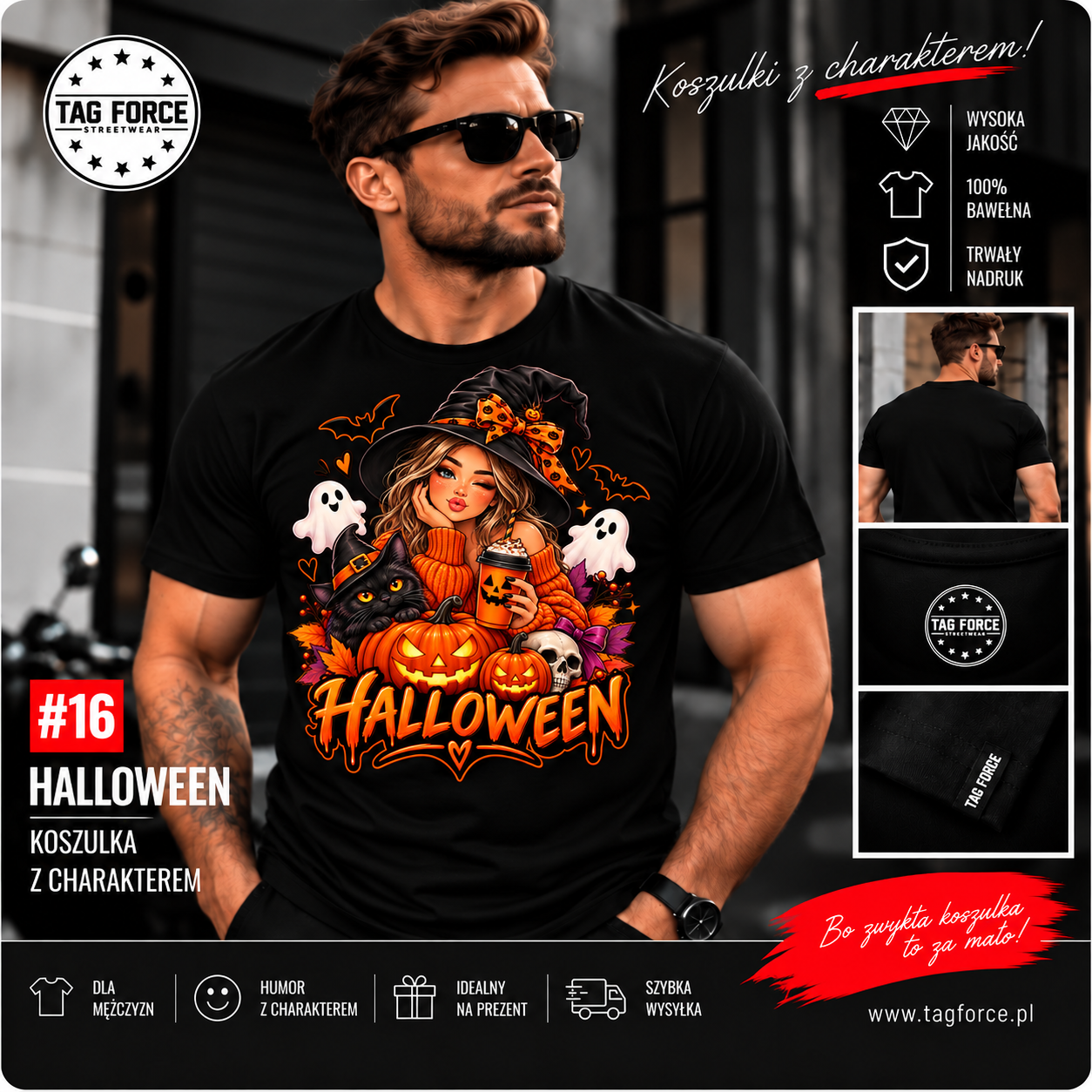 Czarna koszulka z halloweenowym nadrukiem-1 Męska koszulka z nadrukiem - Wiedźma - obrazek 1