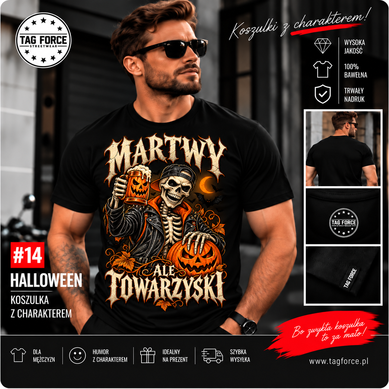 Czarna koszulka z halloweenowym nadrukiem-3 Męska koszulka z nadrukiem - Martwy ale towarzyski - obrazek 1