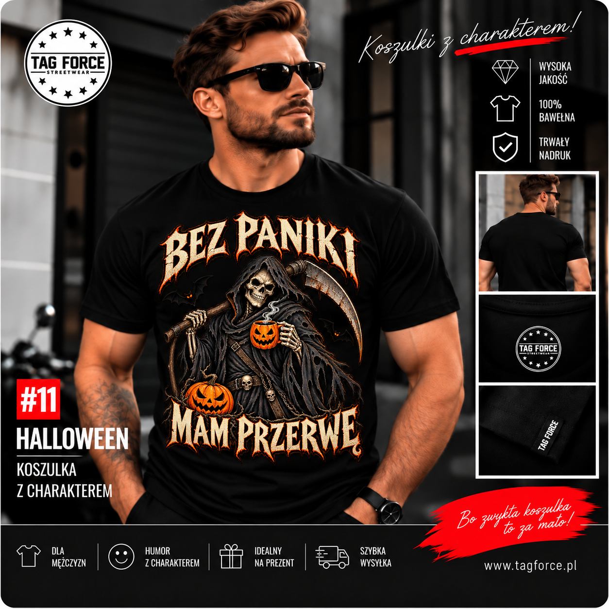 Czarny T-shirt Halloween z portretem-1 Męska koszulka z nadrukiem - Bez paniki mam przerwę - obrazek 1