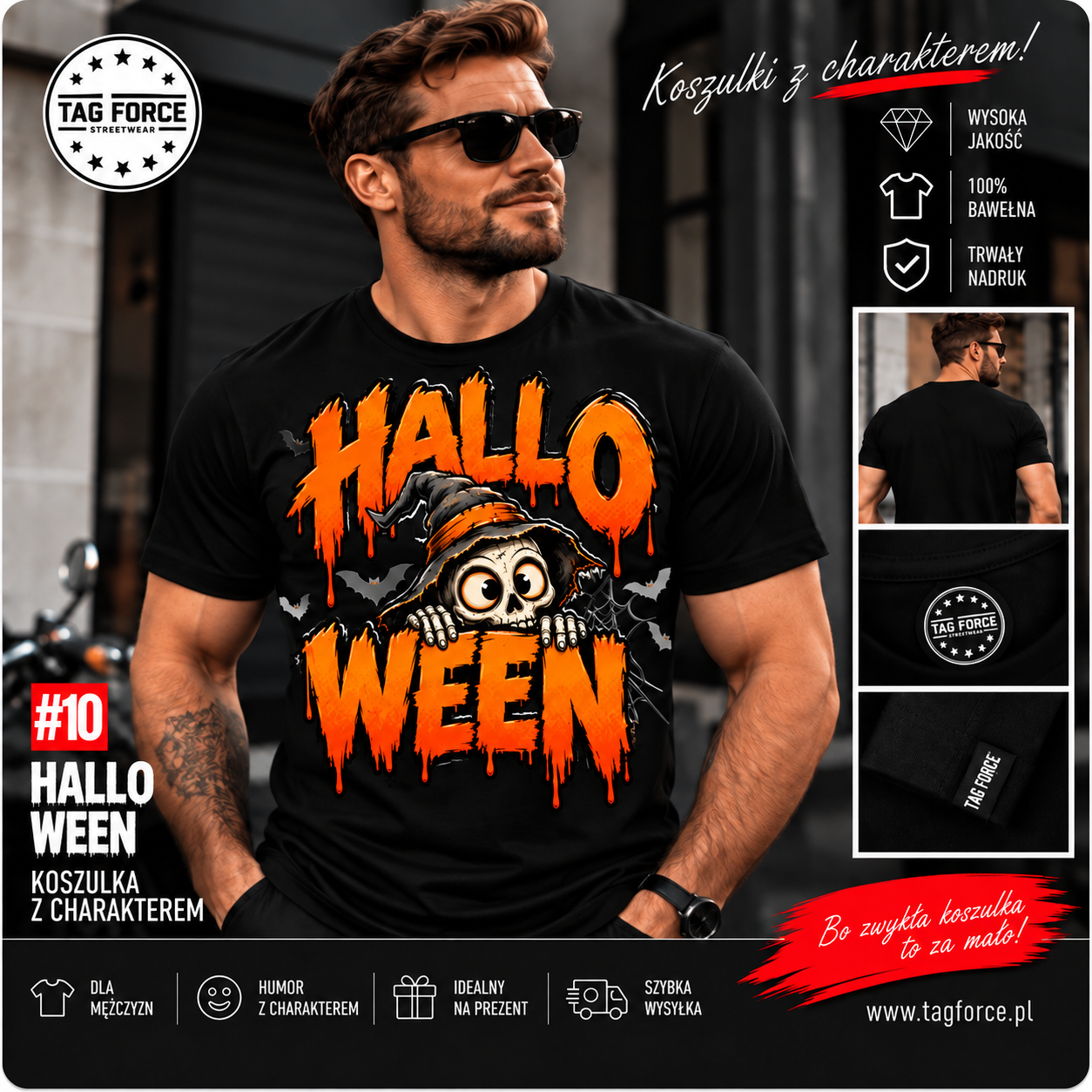 Czerwona plakietka z numerem #10 Męska koszulka z nadrukiem - Halloween szkielet z kapeluszem - obrazek 1
