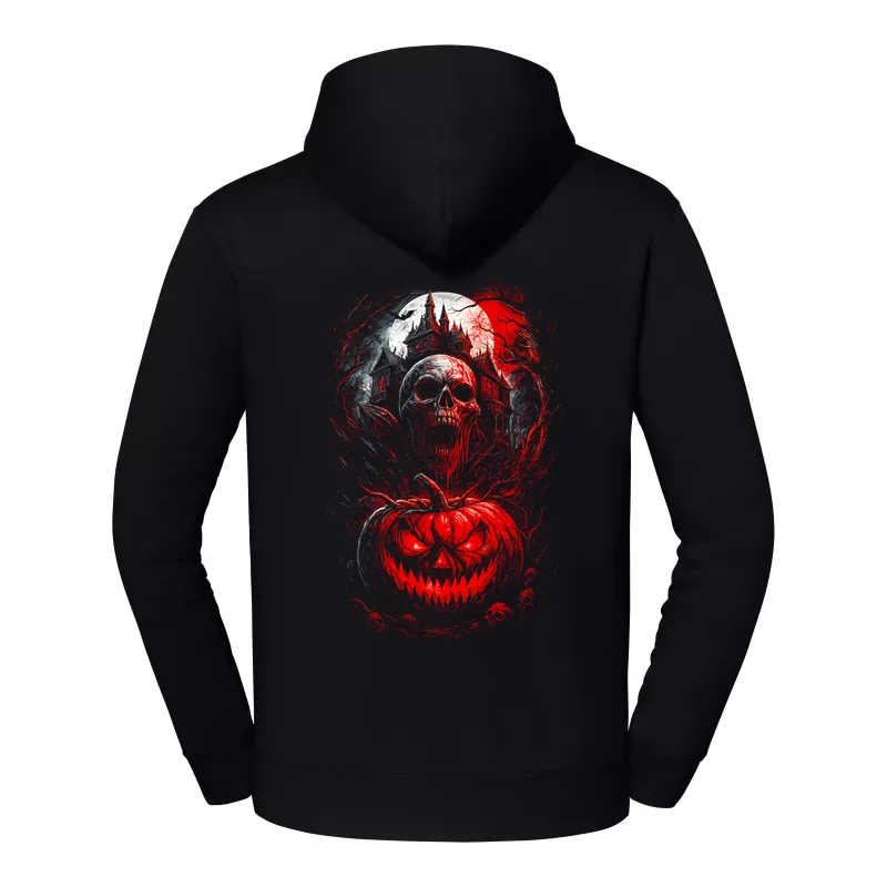 halb0004_czarny Bluza z kapturem Halloween – Czaszka dynia czerwony dom - obrazek 1