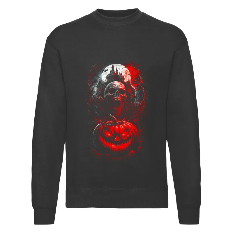 haln0004_czarny Bluza bez kaptura Halloween – Czaszka dynia czerwony dom - obrazek 1