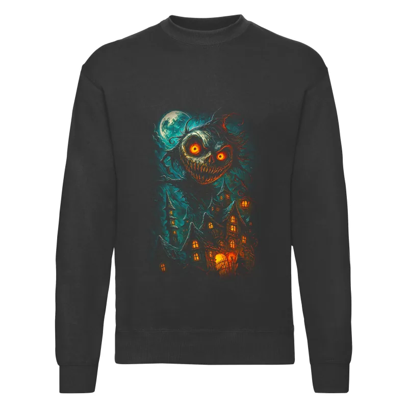 haln0063_czarny Bluza bez kaptura Halloween – Duza czaszka miasto - obrazek 1