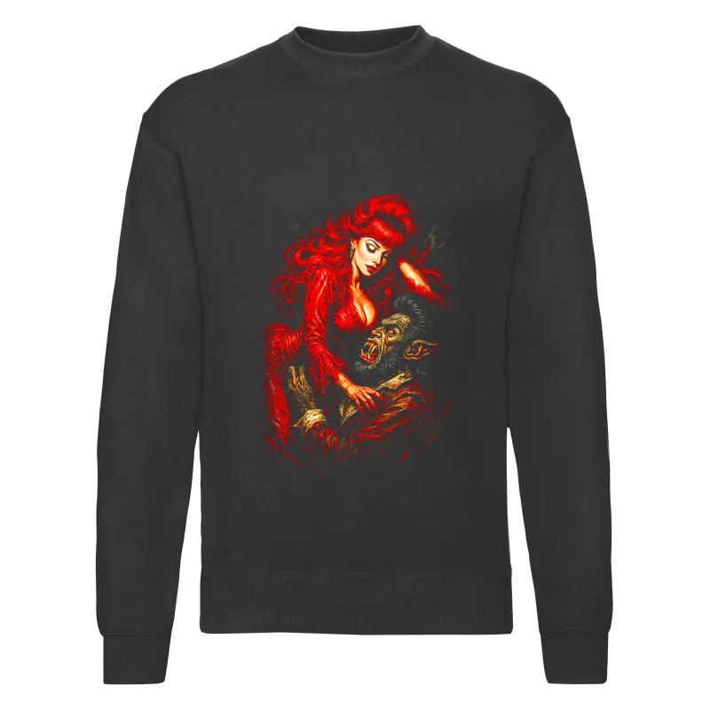 haln0071_czarny Bluza bez kaptura Halloween – Kobieta i małpa - obrazek 1