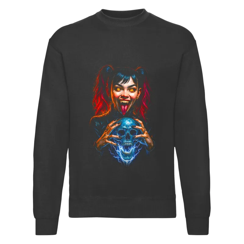 haln0088_czarny Bluza bez kaptura Halloween – Upiorna dziewczynka czaszka - obrazek 1