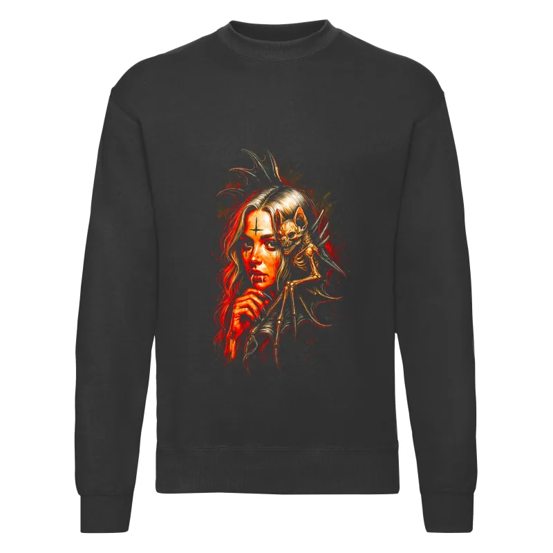 haln0091_czarny Bluza bez kaptura Halloween – Upiorna kobieta i nietoperz - obrazek 1
