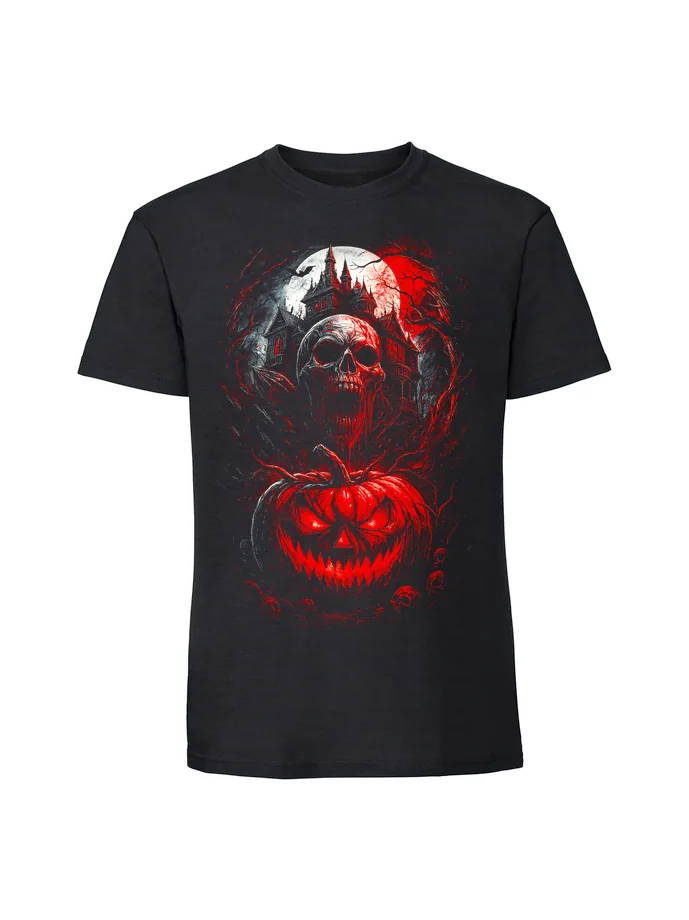 halt0004_czarny Koszulka Halloween z nadrukiem – Czaszka dynia czerwony dom - obrazek 1