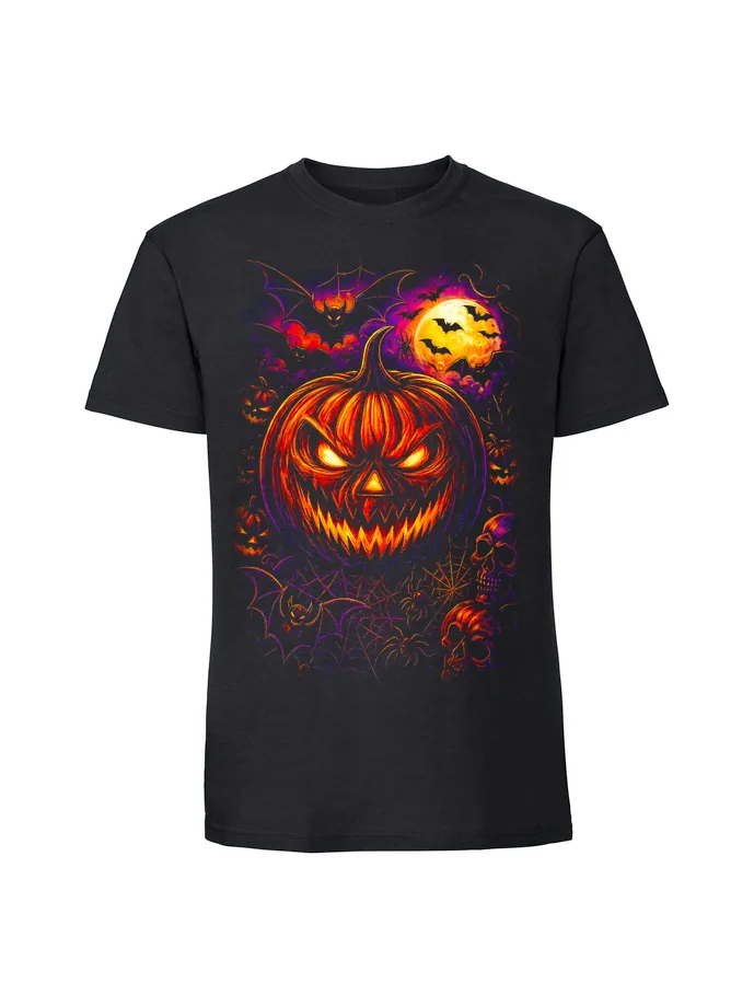 halt0013_czarny Koszulka Halloween z nadrukiem – Dynia nietoperze - obrazek 1