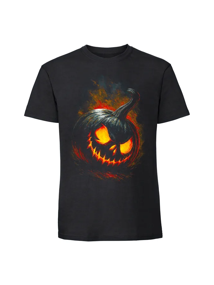 halt0014_czarny Koszulka Halloween z nadrukiem – Dynia płomien - obrazek 1