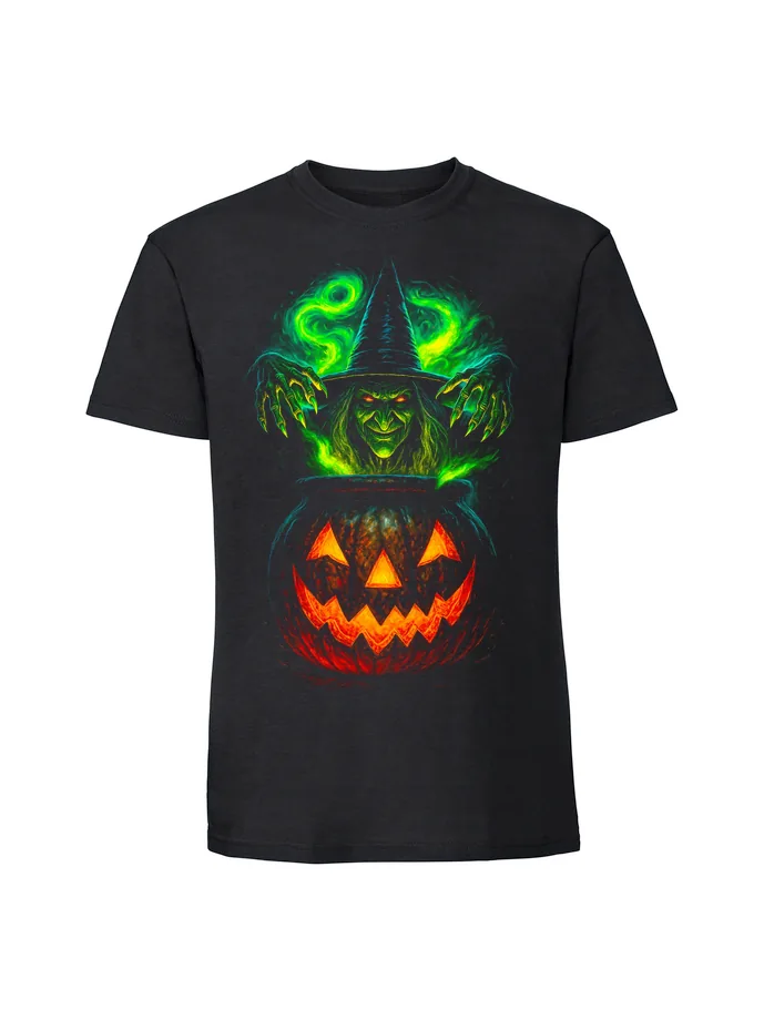 halt0022_czarny Koszulka Halloween z nadrukiem – Kociol wiedzma - obrazek 1