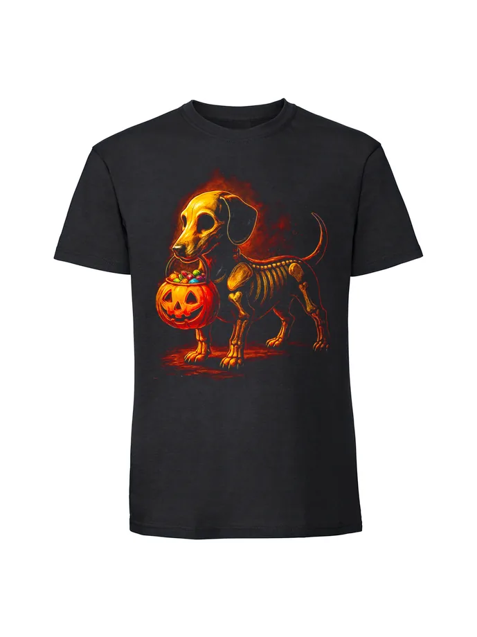 halt0034_czarny Koszulka Halloween z nadrukiem – Pies szkielet - obrazek 1