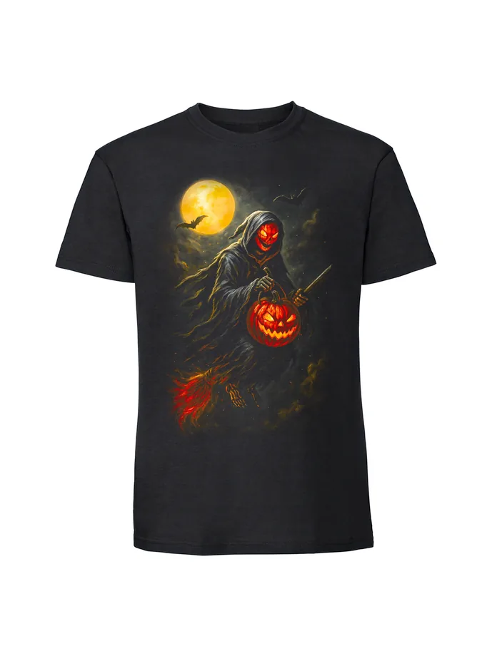 halt0064_czarny Koszulka Halloween z nadrukiem – Dynia na miotle - obrazek 1