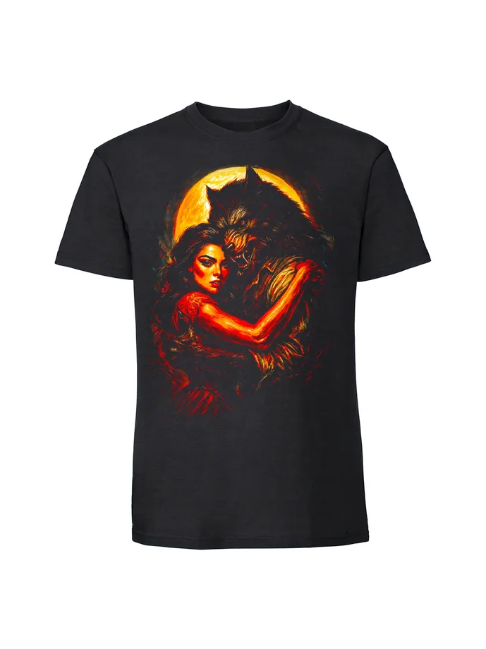 halt0073_czarny Koszulka Halloween z nadrukiem – Kobieta i wilkołak - obrazek 1