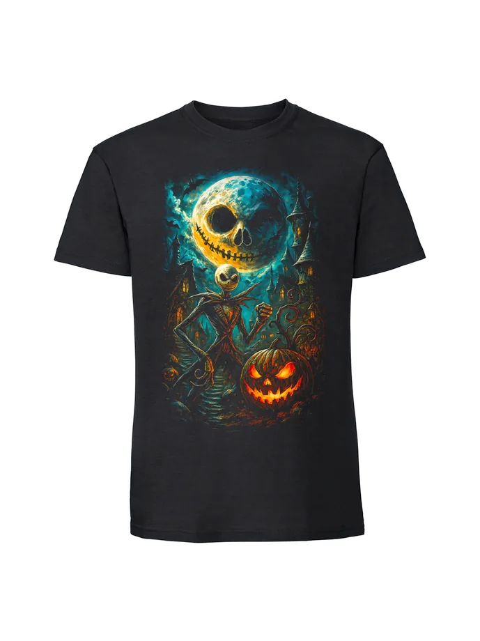 halt0087_czarny Koszulka Halloween z nadrukiem – Upiorna czaszka miasto - obrazek 1