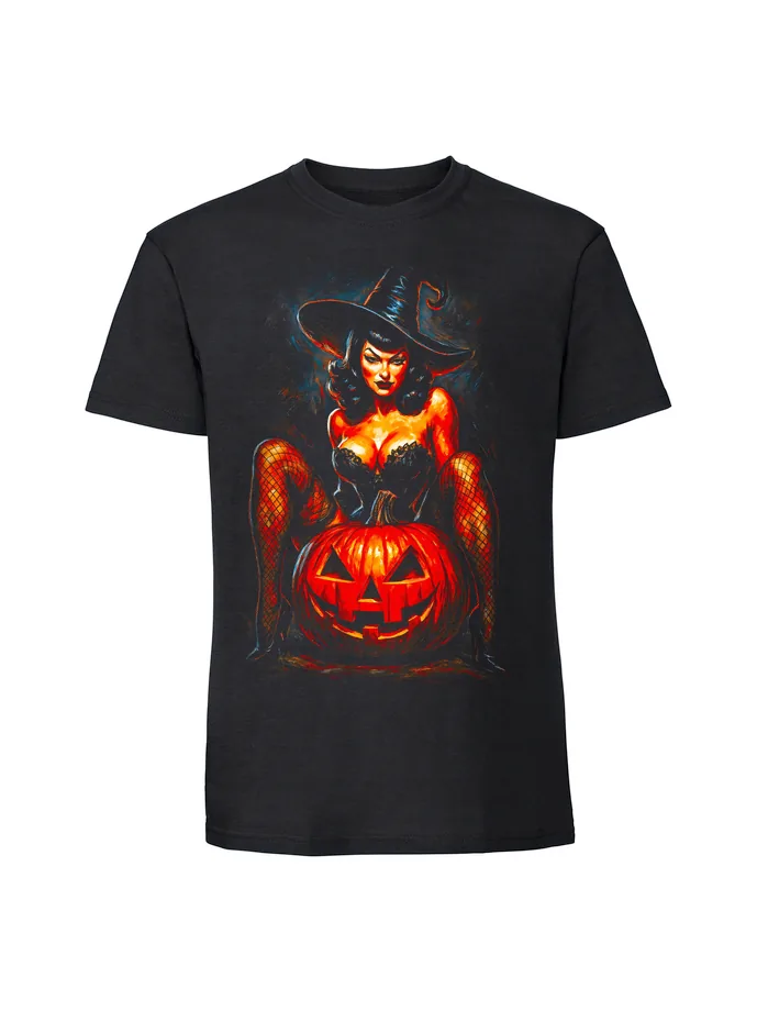 halt0090_czarny Koszulka Halloween z nadrukiem – Upiorna kobieta dynia - obrazek 1